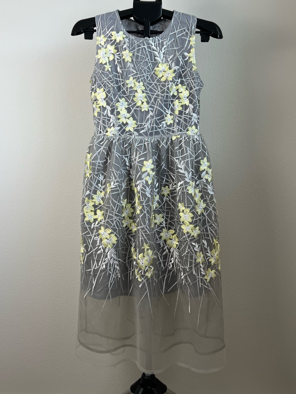 Metisu Grey‎ Yellow Embroidered Floral Mesh Midi Dress Fairycore Cottagecore M